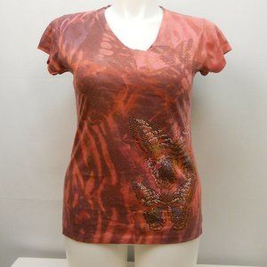 Takoni Women's Top V-Neck Short-Sleeve Red Butterfly Tattoo Print Size 1XL NWT